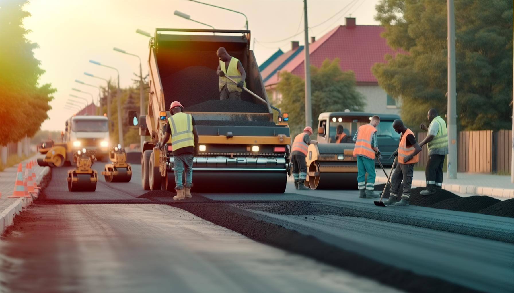 Background image of a road crew paving